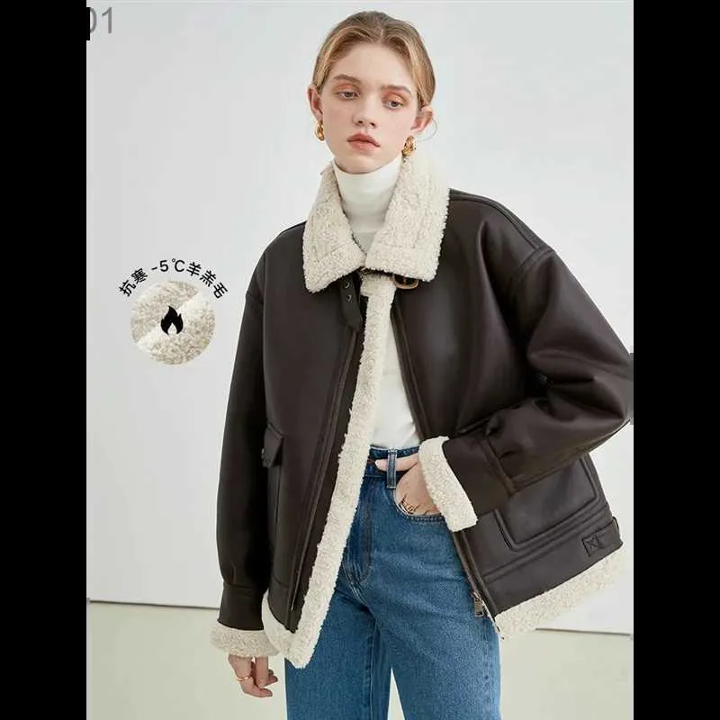 Women's Fur Faux Fur Brown Leather Jacket Women Faux Fur Sheepskin Coat 2023 Loose Lamb Fleece Velvet Fashion Warm Winter Jackets for WomenL231013