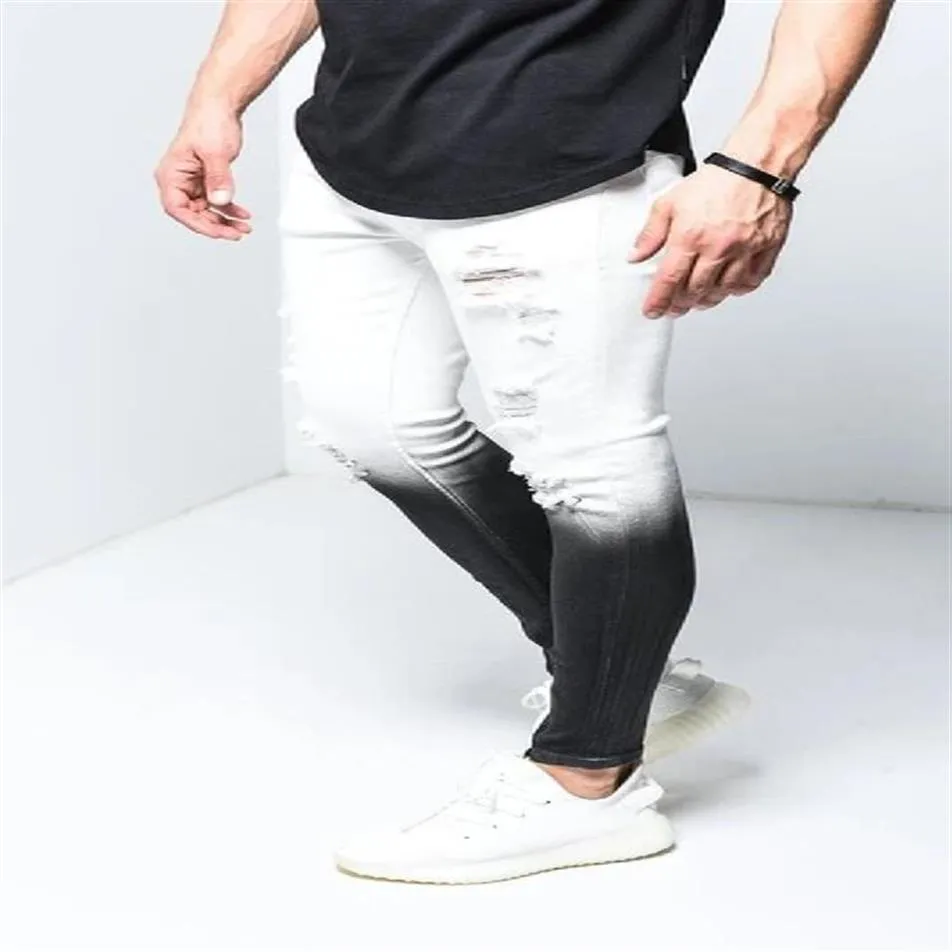 Homens rasgados jeans skinny para adolescentes estiramento preto branco cor gradiente denim jeans tornozelo zíper pant261t