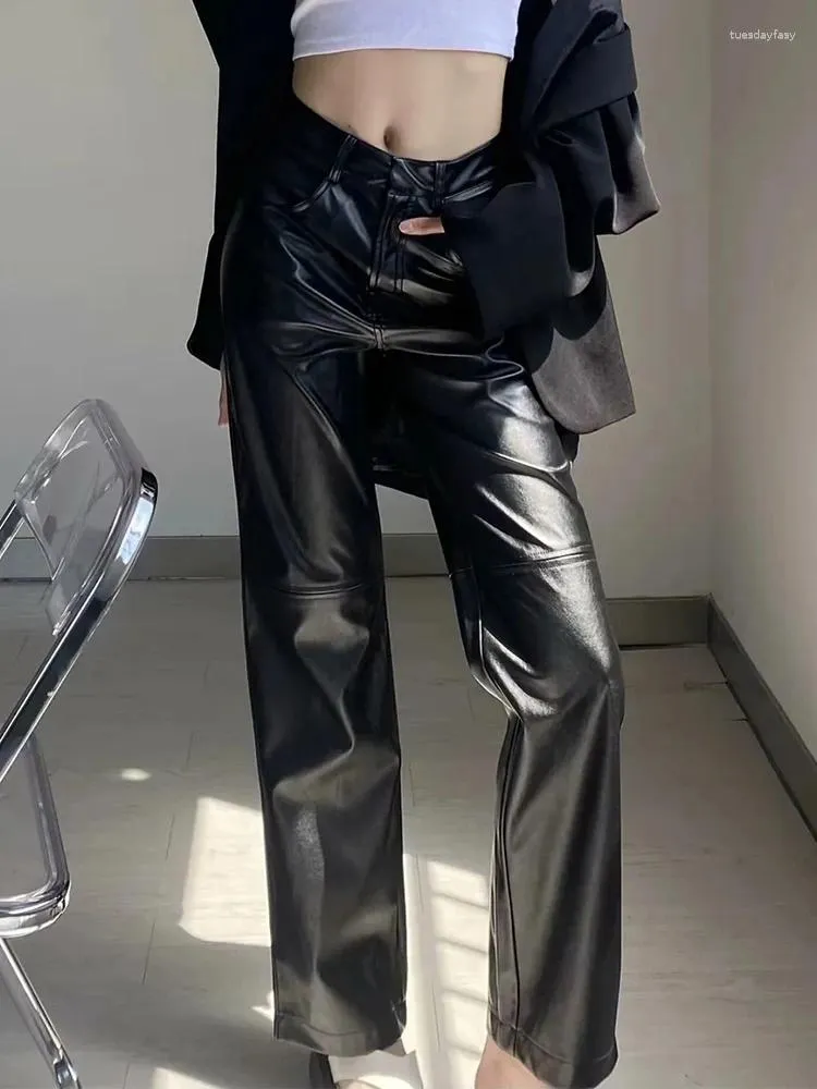 Damenhosen Mädchen Hohe Taille Gesäßtaschen Club-Stil Pu-Hose Coole Dame 2023 Mode Kunstleder Herbst Innenfell Schwarz Lang