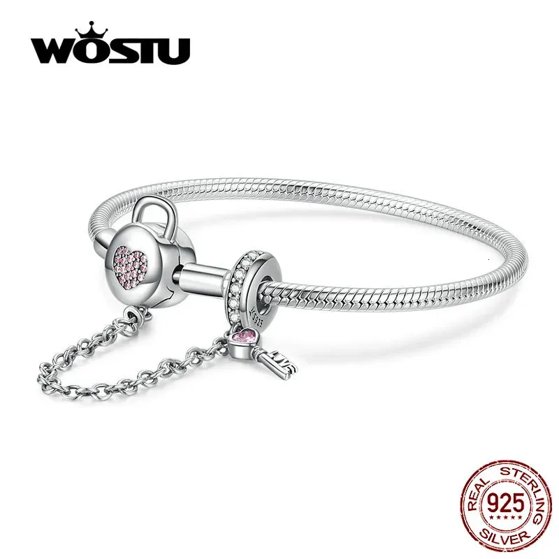 Браслет WOSTU, 100% стерлинговое серебро 925 пробы, защитная цепочка для ключей в форме сердца, браслеты с розовым цирконием, браслет для женщин, серебро 925 пробы, ювелирные изделия CQB143 231013