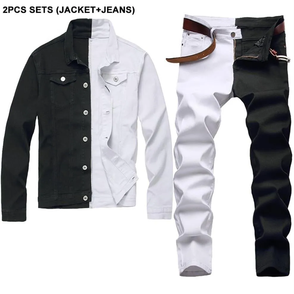 Двухцветный спортивный костюм, осенние бело-черные мужские комплекты, джинсовая куртка с длинными рукавами, подходящие узкие эластичные джинсы из двух частей318U