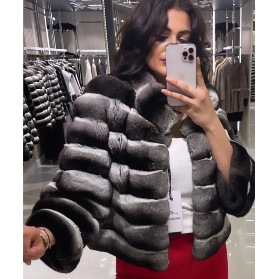 Pele feminina falso real casaco feminino luxo chinchila cor curto rex coelho casacos para inverno quente 231013