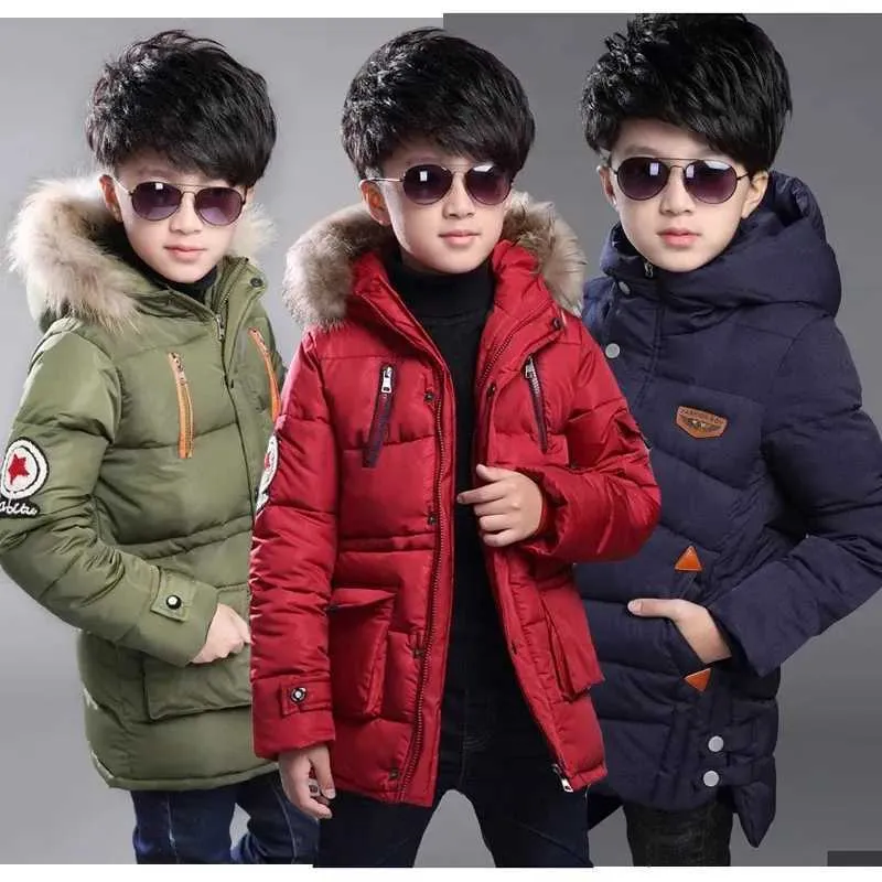 Para baixo casaco 2023 tamanho grande adolescente grosso quente inverno meninos jaqueta 2 cores pesado estilo longo com capuz outerwear para menino crianças blusão casaco j231013
