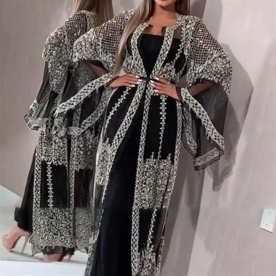 アバヤドバイイスラム教徒ドレス豪華な高級スパンコール刺繍レースラマダンカフタンイスラムイスラム女性女性ブラックマキシドレス239G