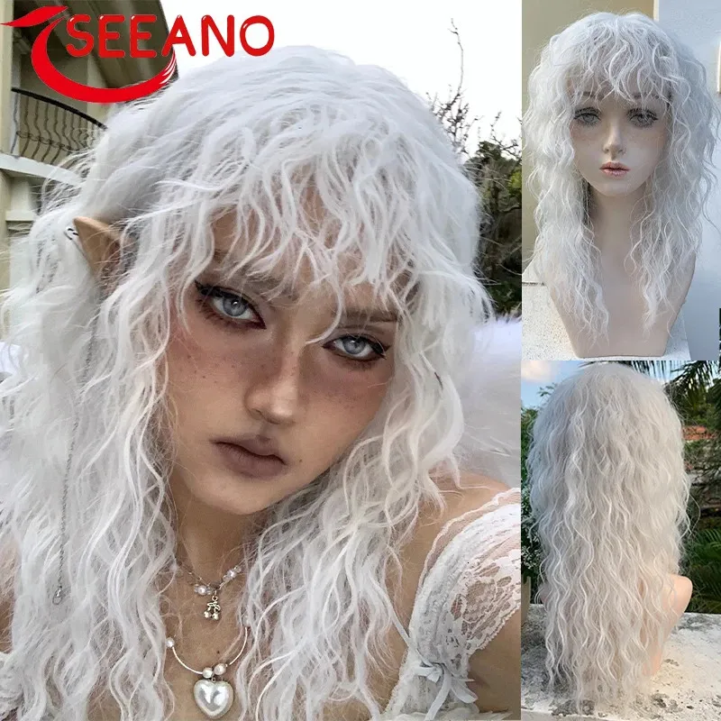 Cosplay perukları seeano sentetik peruk uzun kıvırcık patlamalar beyaz saf yün rulo lolita kadın cadılar bayramı kadın 231013