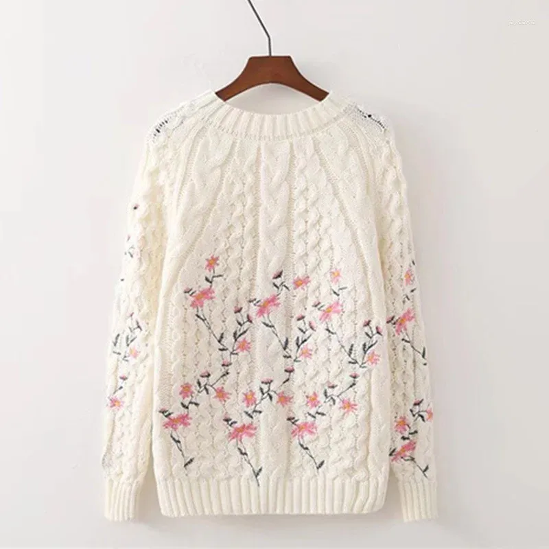 Women's Sweaters 2023 Sweater Women Pullover Autumn Floral Knitted Long Sleeve O-Neck White Knitting Sweet