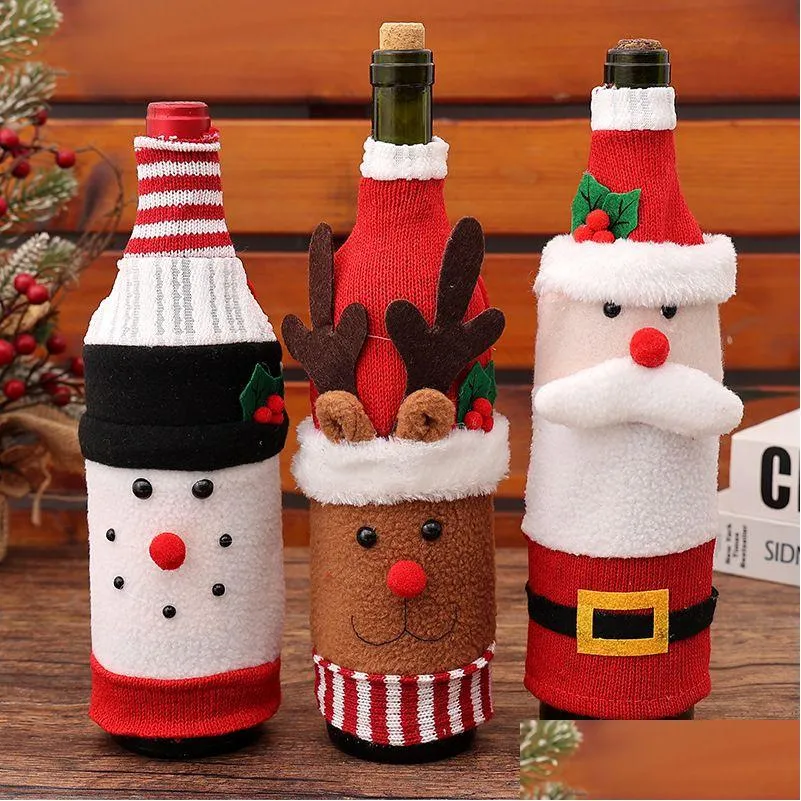 Décorations de Noël Bouteille de vin Er Set Sacs tissés Santa Snowman pour fête Table de dîner Cadeaux Drop Livraison Maison Jardin Festiv Dhhuc