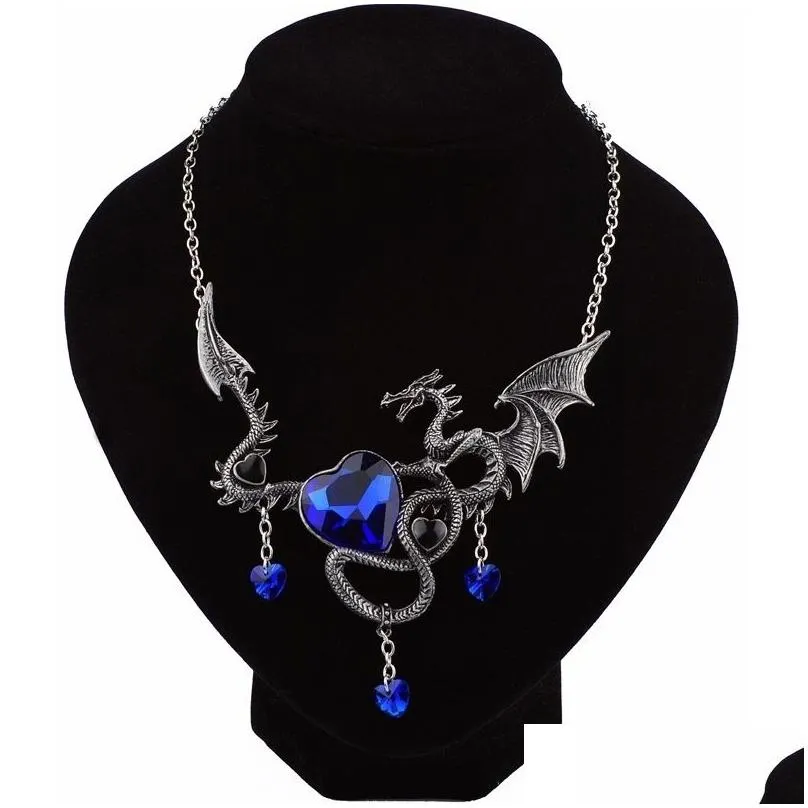 Pendant Necklaces Fashion Heart-Shaped Gemstone Alloy Pendant Gothic Punk Fire-Breathing Dragon Necklace Jewelry Jewelry Necklaces Pen Dhpto