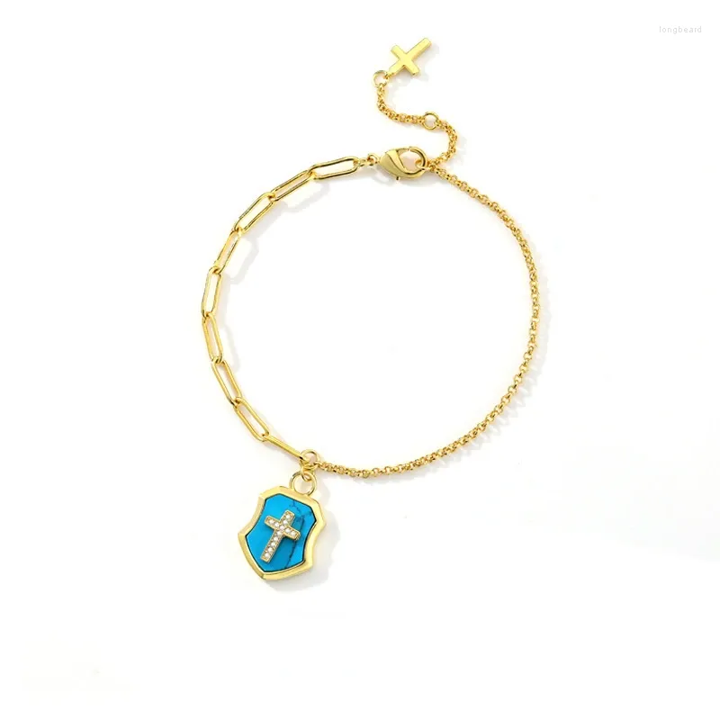 Bedelarmbanden Vintage kruisarmband voor vrouwen Lichte luxe microset Zirkoon Turquoise Kerst religieuze sieraden