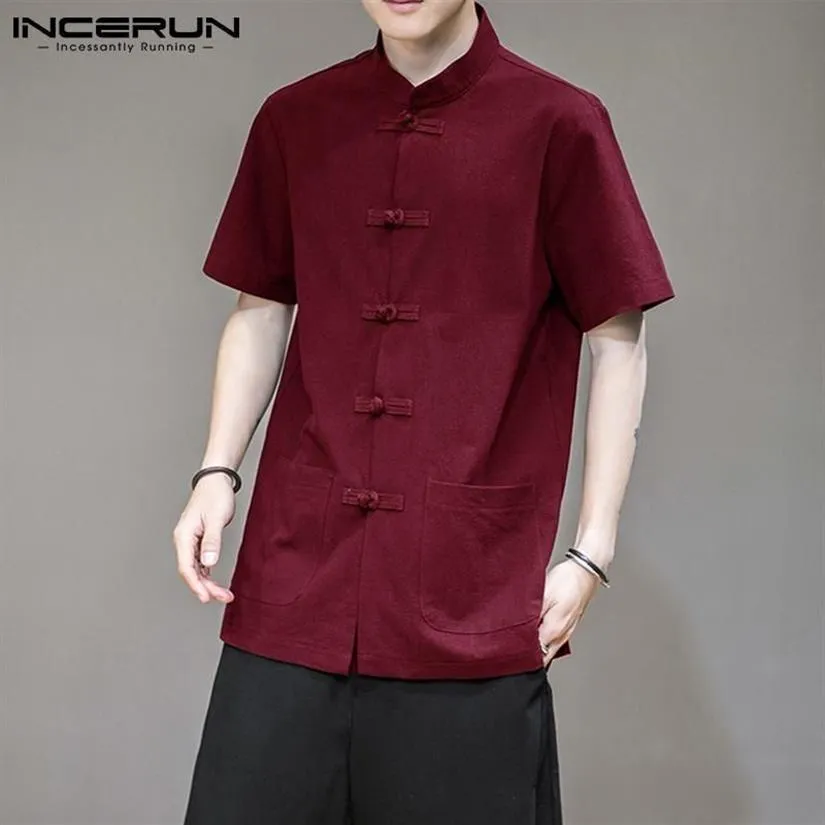 Chemises décontractées pour hommes Incerun Style chinois Hommes Chemise Solide Couleur Col Mandarin Coton Vintage Tang Costume Bouton À Manches Courtes 272j