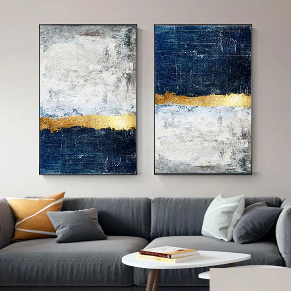 Pinturas abstratas bloco de ouro azul poster e impressão pintura moderna arte de parede dourada nórdica imagem para sala de estar decoração dh1sp