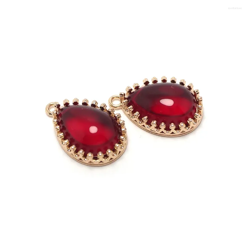 Charms 2pcs Crown Drop Necklace Burgundy Glazed Stone Pendant Rose Glod Plated Brass Vintage Accessories