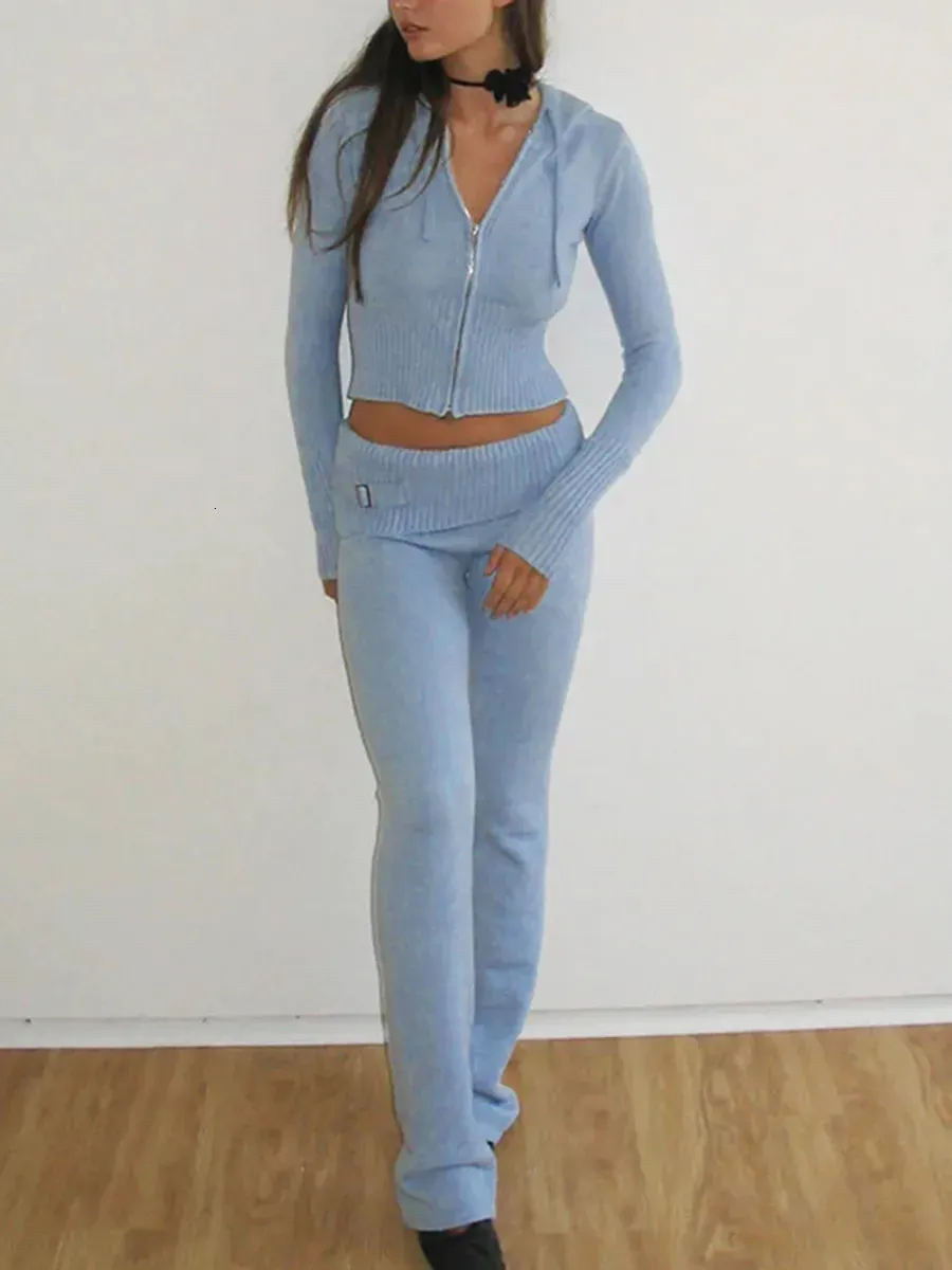 Cozy Ribbed Knit Two Piece Lounge Set With Long Sleeve Zip Up