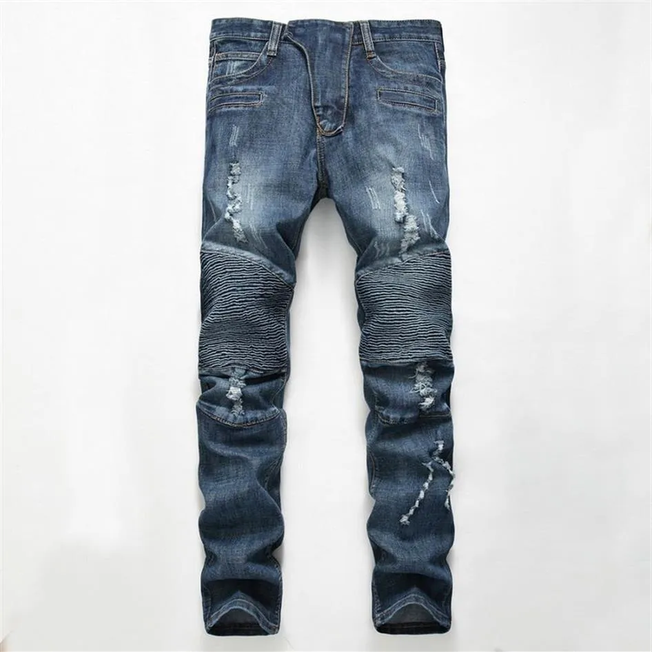 Men's ripped creased light jeans designer long slim trousers with holes mid rise straight size 28-40 high quality305w