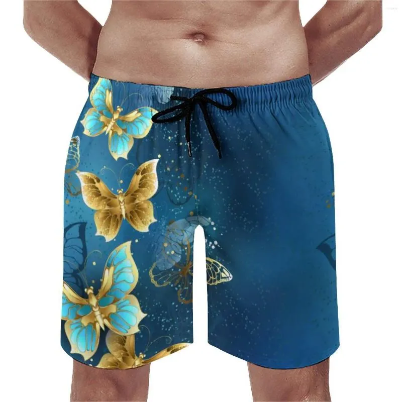 Men's Shorts Summer Gym Retro Steampunk Sportswear Golden Butterflies Graphic Beach Short Pants Casual Quick Drying Swimming Trunks