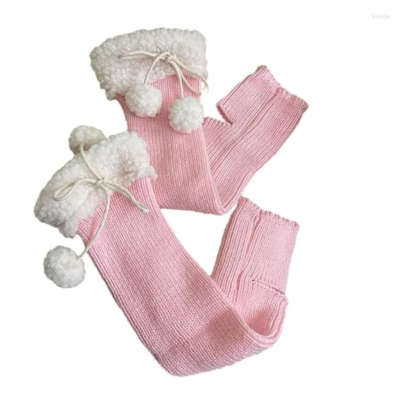 Femmes chaussettes femmes Lolitas tricot longue boule blanche à lacets Harajuku chaussons hiver chaud cheville tas