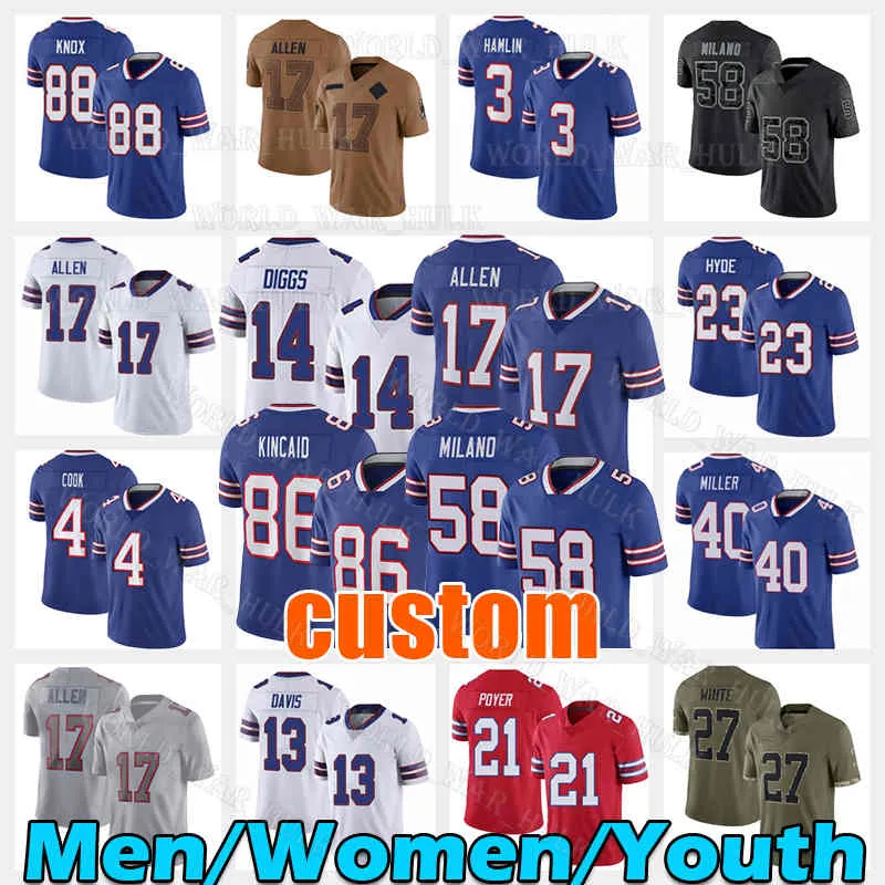 17 Josh Allen Football Jersey 86 Dalton Kincaid Stefon Diggs Von Miller Dawson Knox Matt Milano Micah Hyde Damar Hamlin Poyer Gabriel James Cook Gabe Davis 2 Tyler Bass