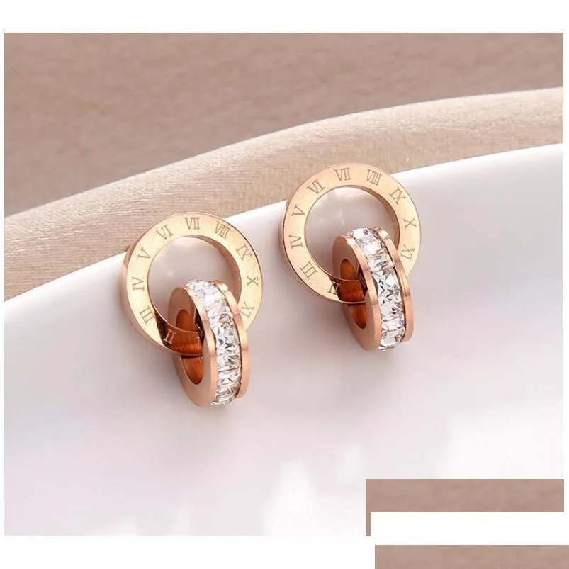 Stud Crystal Diamond Earrings Rose Gold Fashion Titanium Steel Double Wound Roman Numerals Studs Earring For Girl Women Gift Jewelry Dhkmx