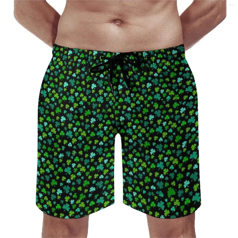 Men's Shorts Bright Green Shamrock Board Summer Leaves Print Cute Beach Short Pants Man Sports Fitness Quick Dry Pattern Swim Trunks