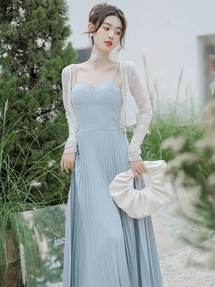 Work Dresses French Elegant Style Two Piece Set Women White Lace Outer Shirt Blue Strap Dress Suit For Casual Fashion Summer Outfits