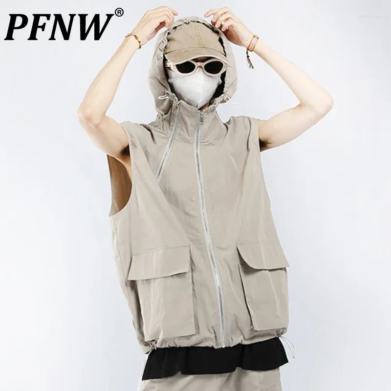 Men's Tracksuits PFNW Spring Autumn Sleeveless Hooded Vest Pants Set Fashion Street Techwear Casual Quick Dry Work Clothes Sets 28A3402