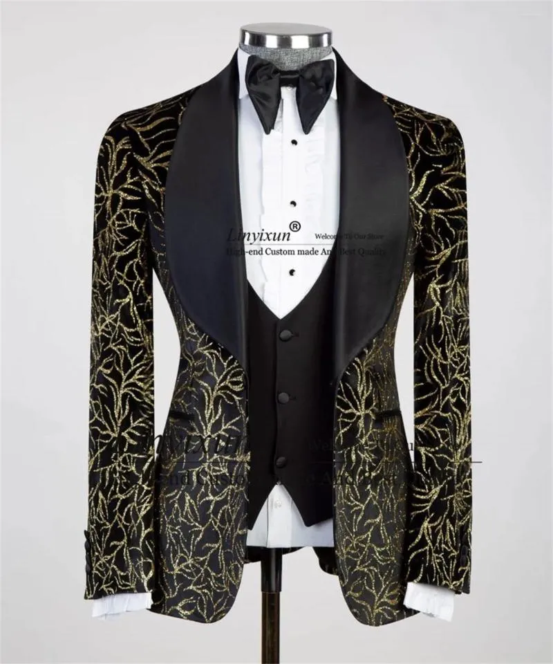 Men's Suits Shiny Gold Sequins Wedding Tuxedo Shawl Lapel Men 3 Pieces Sets Groom Blazer Vest Pants Slim Fit Terno Masculinos Completo