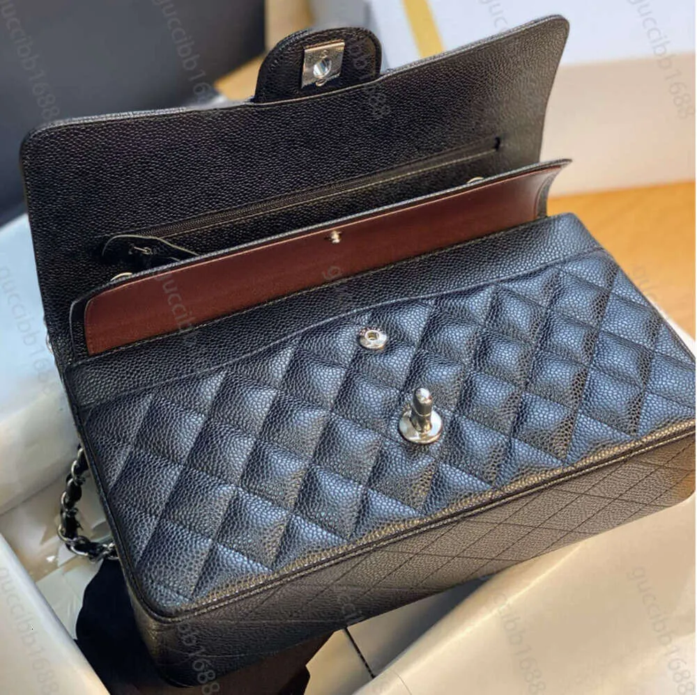 Karl 10A Mirror Quality Classic Quilted Double Flap Bag 25cm Medium Top Tier äkta läderväskor Caviar Lambskin Black Pures Shoulder Chain Box Designer 552ESS