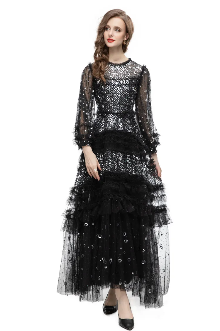 Women's Runway Ankle-Length A-Line Dress with Crew Neck Long Sleeves and  Floral Ruffle Embroidery Polyester Fabric from Dhgate Runway Dresses -  price 98.94