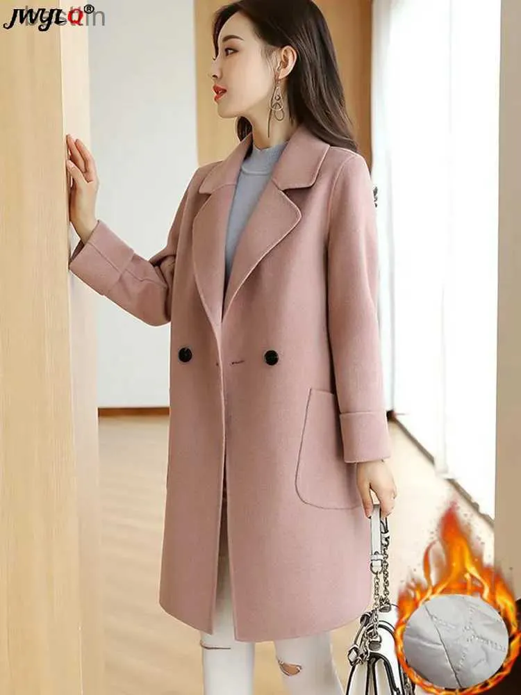 Women's Wool Blends Elegant Thick Warm Mid Length Woolen Coat New Winter Loose Slim One-button Outerwear Solid Color All-match Streetwear Coat WomenL231014