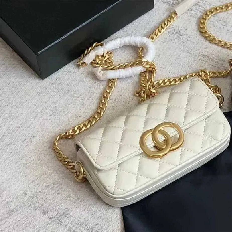 2023 nieuwe 23p grote gouden gesp diamant raster stok tas echt leer een schouder crossbody ketting onderarm kleine vierkantecode 3298