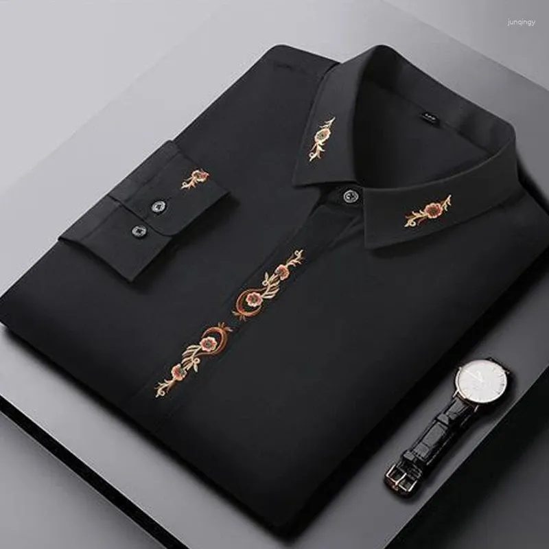 Herrklänningskjortor Turned Collar Long Sleeve Clothing 2023 Button Solid Printing Straight Spring Summer Thin Fashion Casual Premium