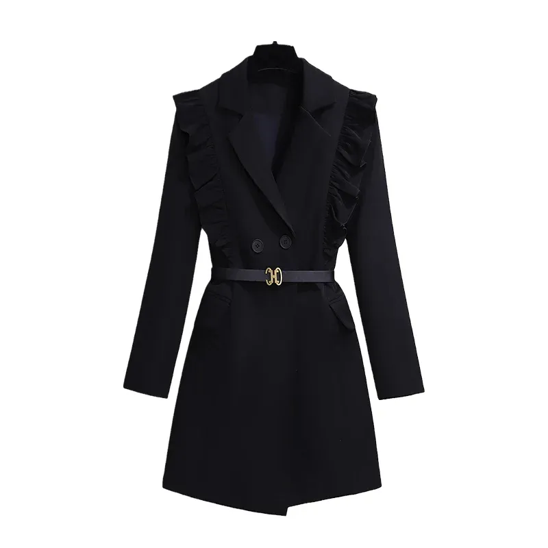 Basic Casual Dresses Autumn Runway Women Double Breasted Belt Blazers Coat Office Lady Ruffles Suit Collar Long Sleeve Korean Short Blazers Dress