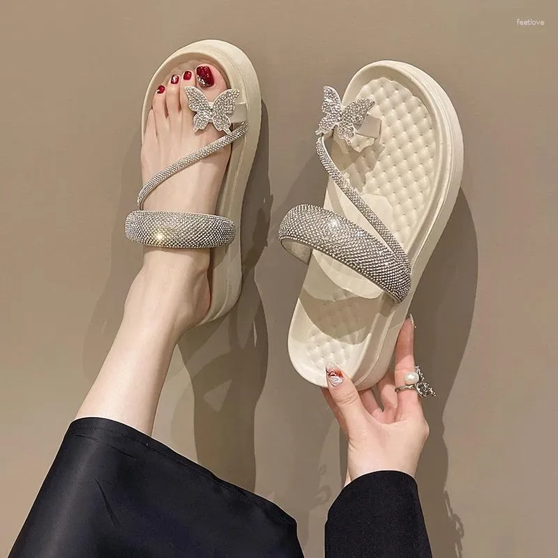Terlik Sandalet Kadınlar 2023 Yaz Düz Tatlı Kelebek Günlük Plaj Ayakkabıları Parlak Rhinestone Zapatos de Mujer