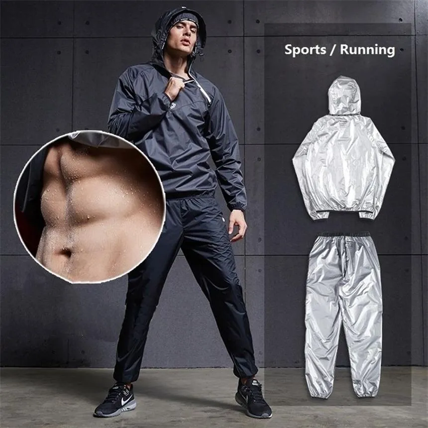 Ensembles de sport de transpiration pour hommes, combinaisons de Sauna, 2 pièces, ensembles d'entraînement de course, costumes pour Fitness, musculation, grande taille 201128289E