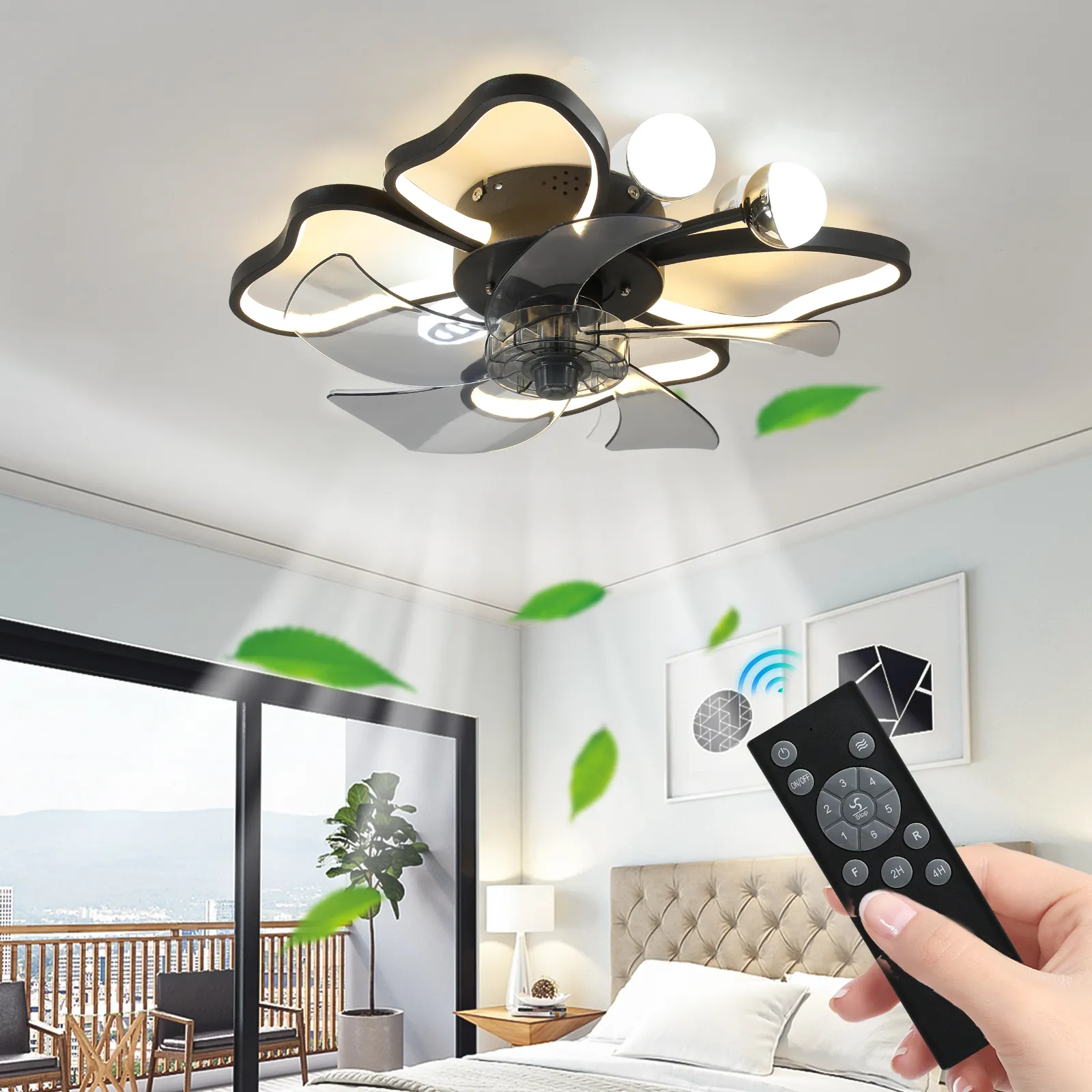 Ventilador de suspensão moderno Ventilador de teto leve de 19,7 polegadas com controle remoto de luzes com estilo moderno de design de borboleta, preto