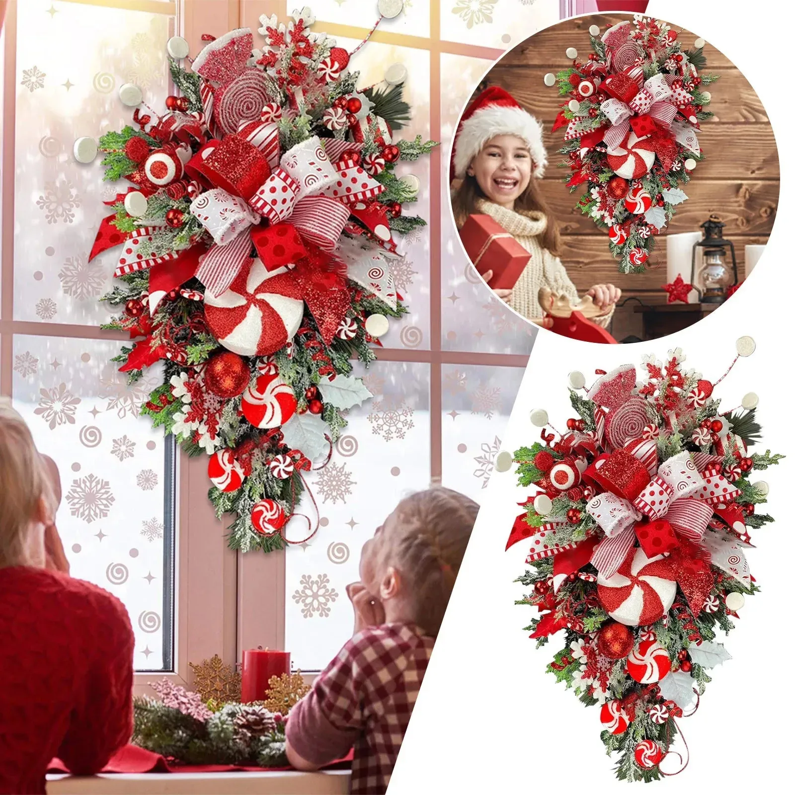 Christmas Decorations 50cm Candy Red Berries Wreath Doors Wall Decor Ornaments Artificial Pine Cones Tree 2023 Decoration 231013