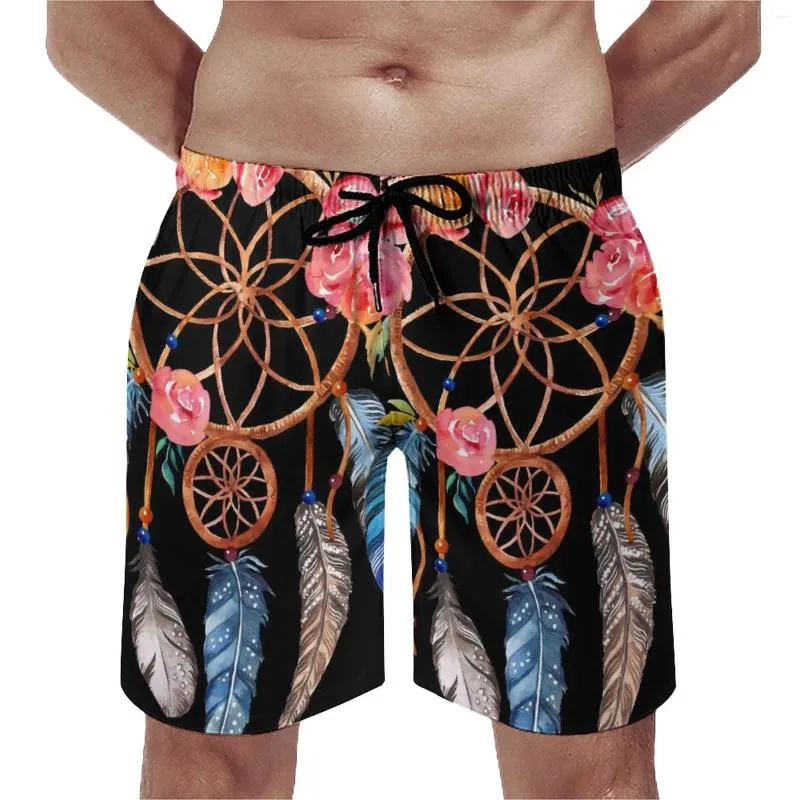 Herr shorts dröm catcher brädet sommar röd blomma tryck surfing strand korta byxor män snabb torr vintage stor storlek simning stammar