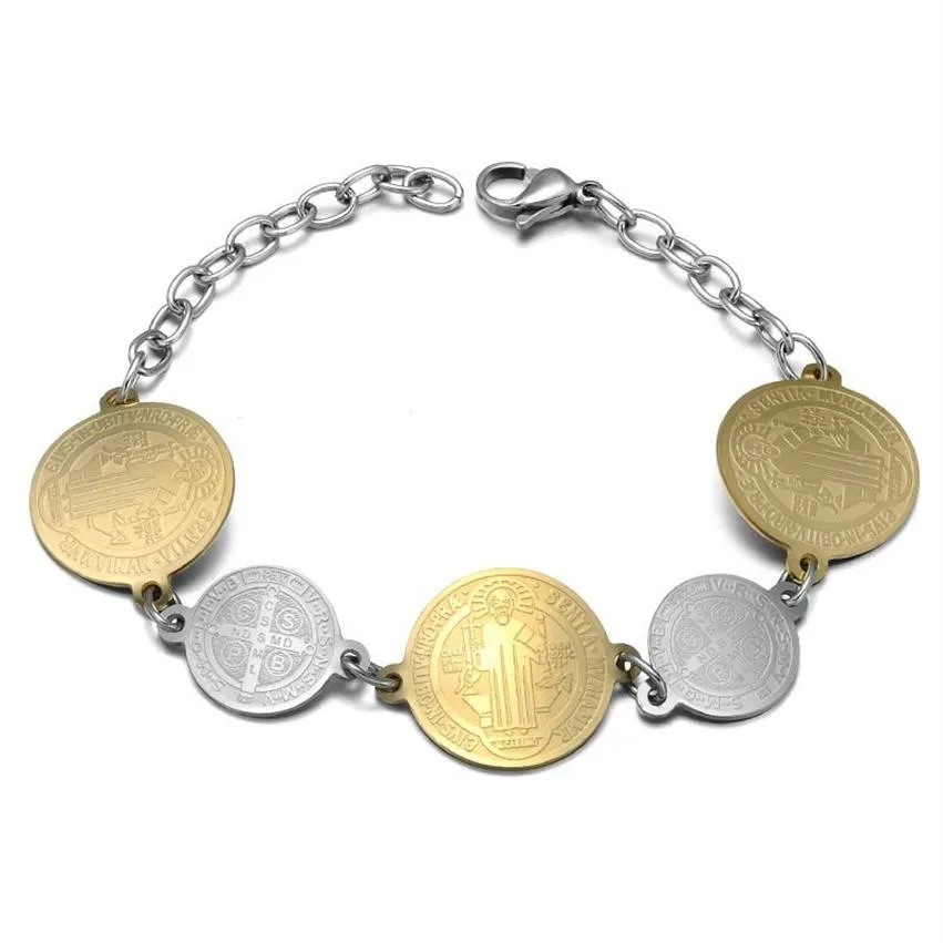 Religiöses San Benito-Armband für Damen, Edelstahl-Armbänder, Gold, St. Benedikt-Kreuz, Charm, Modeschmuck, Münze, Geschenk 2020233W