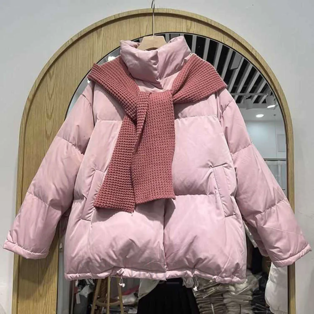 Autumn Winter Ladies Fruit Color Lovely Temperament Short Down Jacket Standing Collar Rabbit Cashmere Knitted Scarf and Hat Showing