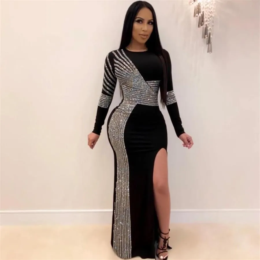 Casual Jurken 2021 Vrouwen Lente Winter Lange Jurk Volledige Mouw Diamanten Open Vork Sexy Nachtclub Party Bandage Mode Maxi vesti2704