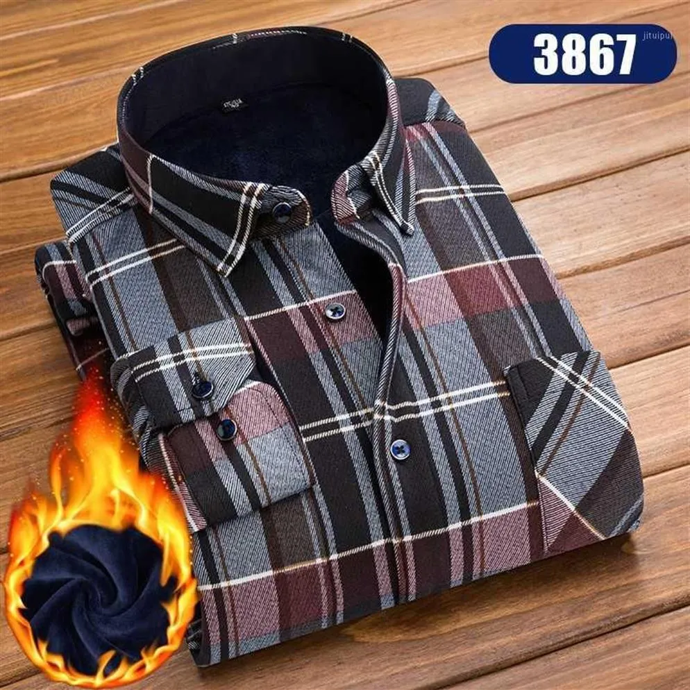 Men's Dress Shirts Autumn Winter High Quality Classic Business Men Plus Velvet Warm Long Sleeve Turndown Collar Thick Print S3174