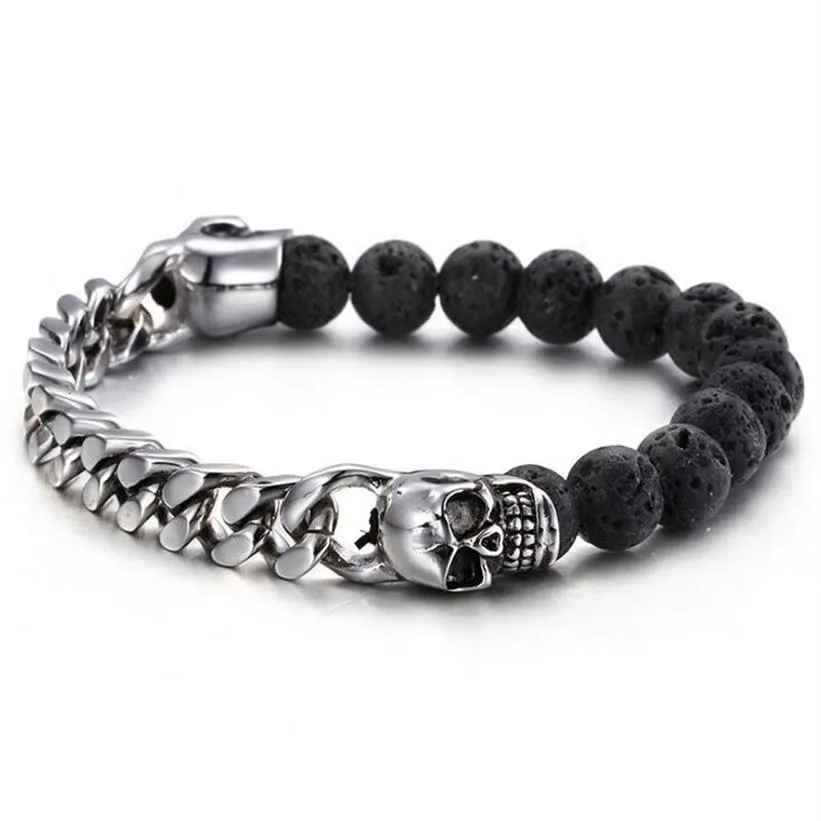 Contas de pedra de lava vulcânica preta com cor dourada pulseiras de caveira de aço inoxidável pulseiras de corrente cubana pulseira punk homem wr285j