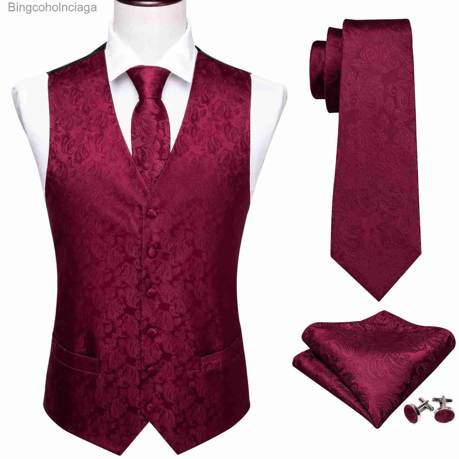 Men's Vests Designer Vest for Men Silk Embroidered Red Bury Paisley Waistcoat Tie Pocket Square Set Slim Fit Wedding Suit Barry WangL231014