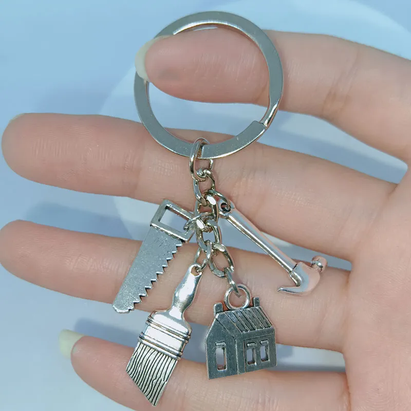 Fashion 1pcs Saw Hammer House Brush Keychain Construction Tool House Keyring Creative Homemove Gift