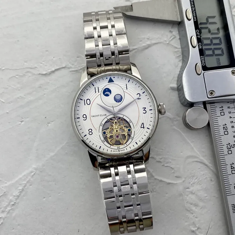 Montre homme acier inoxydable tourbillon trois points 42mm marque de luxe montres mécaniques automatiques bracelet en acier mode Phase de lune