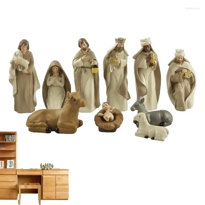 Figurine decorative Ornamento per presepe 10 pezzi Set di figure natalizie portatili Riutilizzabili Cristo Nascita di Gesù Ornamenti Resina flessibile