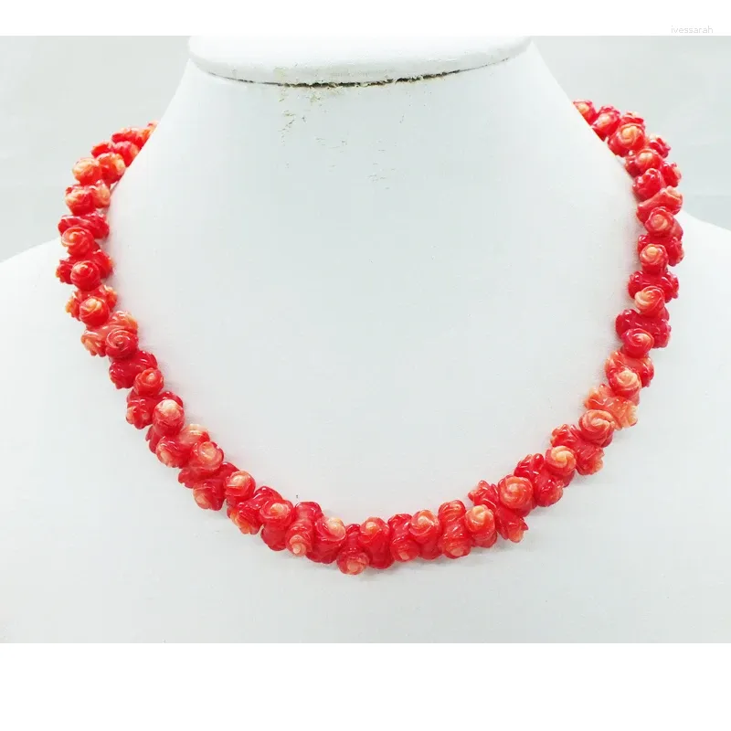Choker mycket fina smycken Skicka älskares gåvor manuella skulptur rosor blommor orange korallhalsband 16 "