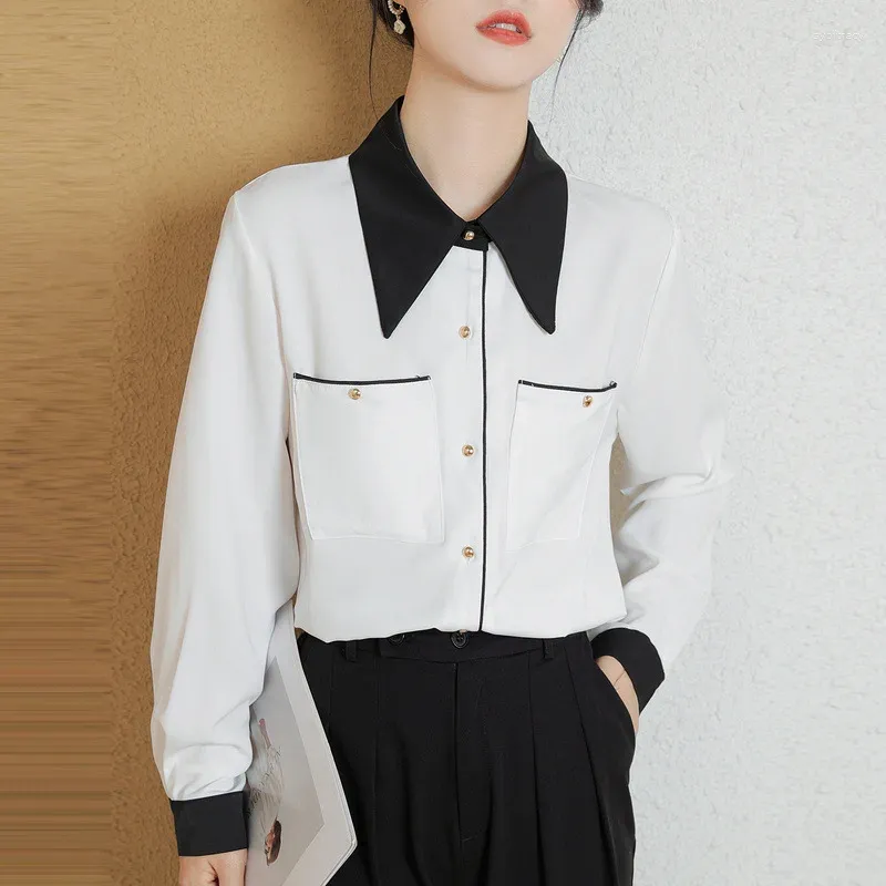 Chemisier femme printemps mousseline de soie Simple noir blanc contraste manches longues tempérament chemise Ladeis Blouse