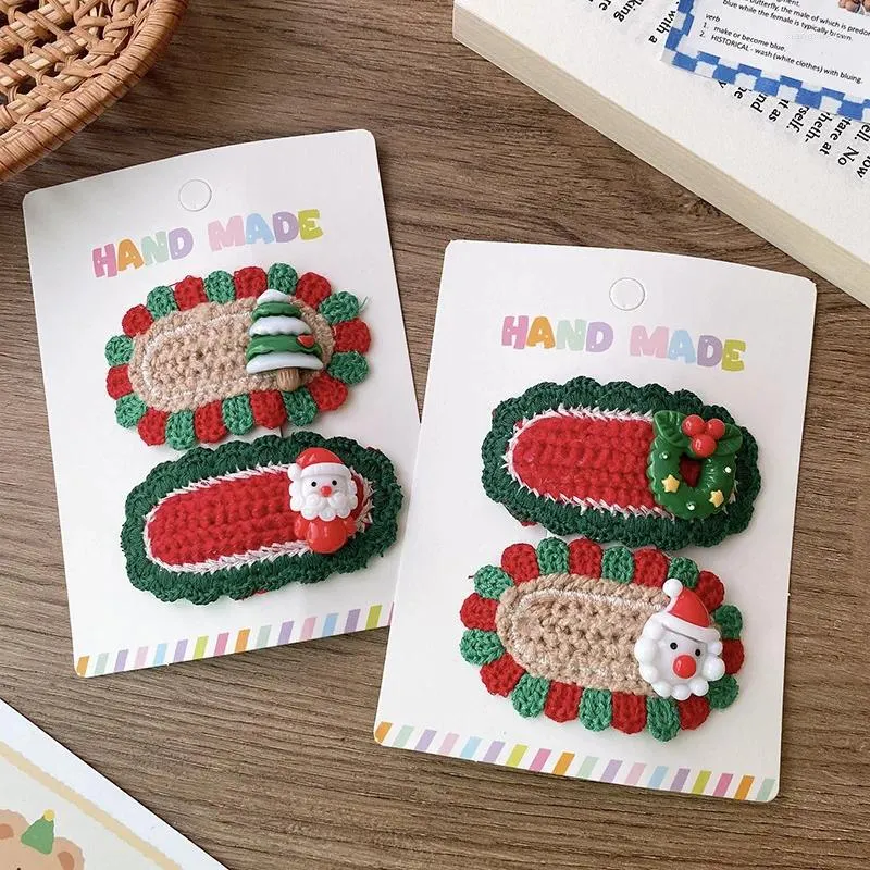 Haarschmuck 2023 2 Stück Winter Weihnachten Thema Kinder Mädchen Haarnadel Cartoon gestrickte ovale Spitze Clips Schneemann Weihnachtsbaum Kinder Kopfbedeckung