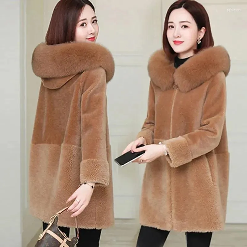 Frauen Pelz Winter Faux Lamm Mantel Koreanische Lose Medium Länge Mit Kapuze Jacke Weibliche Warme Verdicken Parkas Mantel Casual Wear